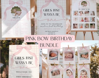 Girls Just Wanna Be One Theme| Pink Bow Birthday Decorations| Pink Bow Coquette Birthday Invitation| Girl First Birthday Bundle Decor| PB1