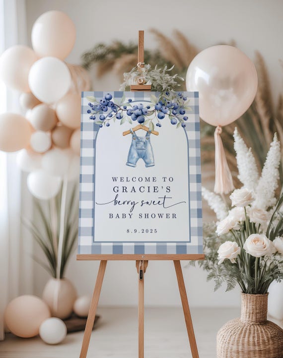 Berry Sweet Baby Shower Welcome Sign, Editable Baby Shower Sign, Blue Gingham Baby Shower Decor, Canva Template DIY, Boy Baby Shower