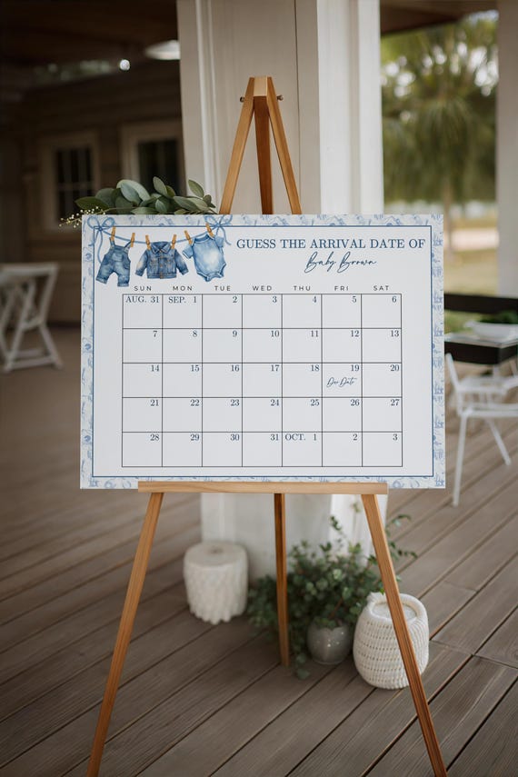 Blue Jean Baby Due Date Calendar, Editable Clothesline Baby Shower Sign, Denim Gingham Rustic Baby Shower Decor, Canva Template DIY