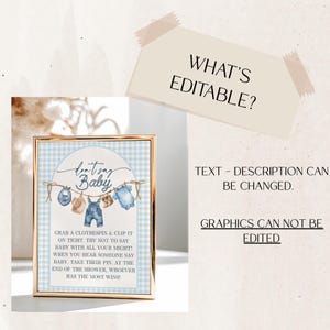 May include: A framed baby shower game sign with a gold frame and a blue gingham background. The sign reads "don't say Baby" and features illustrations of baby clothes. The text explains the game rules. The sign also says "What's Editable?" and "Graphics can not be edited."