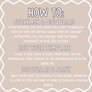 May include: A beige graphic with the text "HOW TO: PURCHASE & DOWNLOAD", "EDIT YOUR TEMPLATE", and "DOWNLOAD & PRINT". Instructions are provided on how to download, edit, and print a template purchased on Etsy.