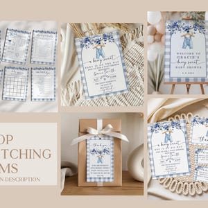 May include: A collection of baby shower stationery with a blueberry theme. The items include invitations, game cards, a welcome sign, and gift tags. The designs feature blue gingham patterns and illustrations of overalls and blueberries.