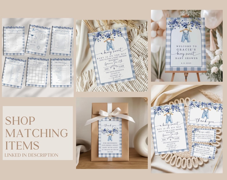 May include: A collection of baby shower stationery with a blueberry theme. The items include invitations, game cards, a welcome sign, and gift tags. The designs feature blue gingham patterns and illustrations of overalls and blueberries.