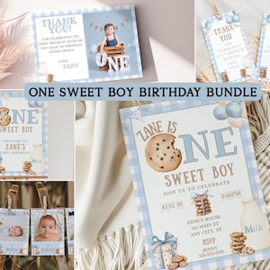 May include: A collection of blue and white themed birthday party supplies. The set includes invitations, thank you cards, and photo cards. The invitation reads "Zane is ONE Sweet Boy". The theme includes cookies and milk.