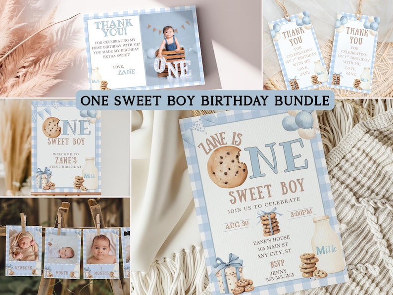 May include: A collection of blue and white themed birthday party supplies. The set includes invitations, thank you cards, and photo cards. The invitation reads "Zane is ONE Sweet Boy". The theme includes cookies and milk.
