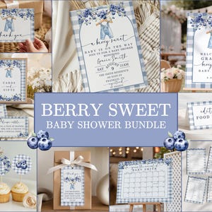 May include: A collection of baby shower stationery with a blueberry theme. The designs include invitations, thank you cards, and signs with blue gingham patterns and illustrations of overalls. The text "Berry Sweet Baby Shower Bundle" is displayed.