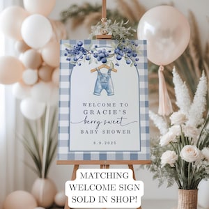 May include: A baby shower welcome sign on an easel. The sign features a blue and white gingham pattern, blueberry branch illustration, and text that reads "Welcome to Gracie's berry sweet baby shower." The date 8.9.2025 is also displayed.