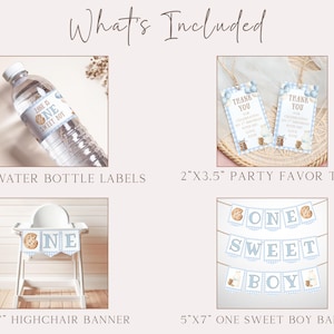 May include: A collection of party supplies for a "One Sweet Boy" themed event. Includes water bottle labels, favor tags, a highchair banner, and a banner with the text "One Sweet Boy". The color scheme is light blue and brown.
