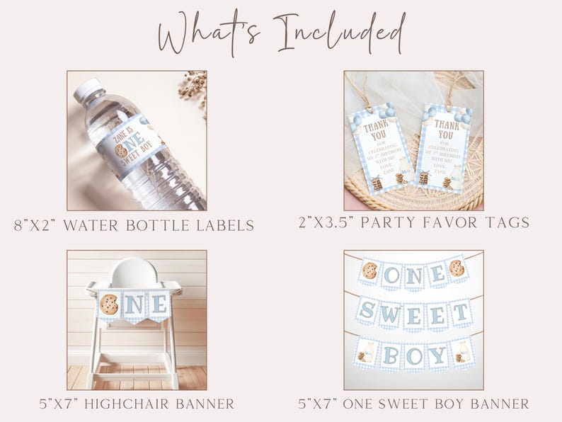 May include: A collection of party supplies for a "One Sweet Boy" themed event. Includes water bottle labels, favor tags, a highchair banner, and a banner with the text "One Sweet Boy". The color scheme is light blue and brown.