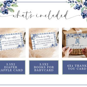May include: A baby shower invitation suite featuring a blueberry and floral design. The suite includes a diaper raffle card, a book request card, and a thank you card. The cards have a blue and white gingham pattern and are decorated with watercolor blueberries.