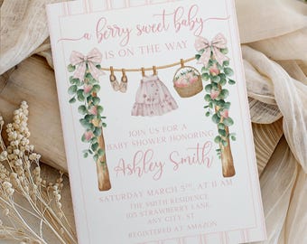 Berry Sweet Baby Shower Invitation, Strawberry Baby Shower Invitation, Pink Bow Baby Shower Invite, Editable Girl Baby Shower Invitation