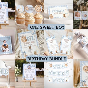 May include: A collection of blue and white themed birthday party decorations. Includes invitations, cupcake toppers, food labels, thank you cards, a high chair banner, and a banner that says "One Sweet Boy". The theme includes cookies and milk.