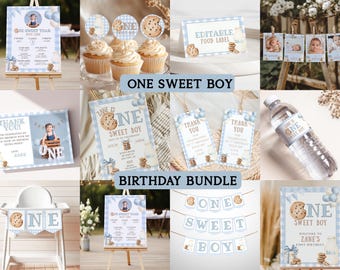 One Sweet Boy Birthday Bundle, One Sweet Boy Birthday Theme, Sweet One Blue Gingham Printable Birthday Invite, Boy 1st Birthday Invite CO1