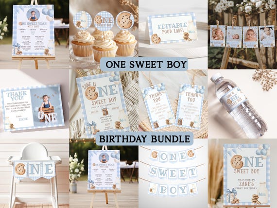 One Sweet Boy Birthday Bundle, One Sweet Boy Birthday Theme, Sweet One Blue Gingham Printable Birthday Invite, Boy 1st Birthday Invite CO1