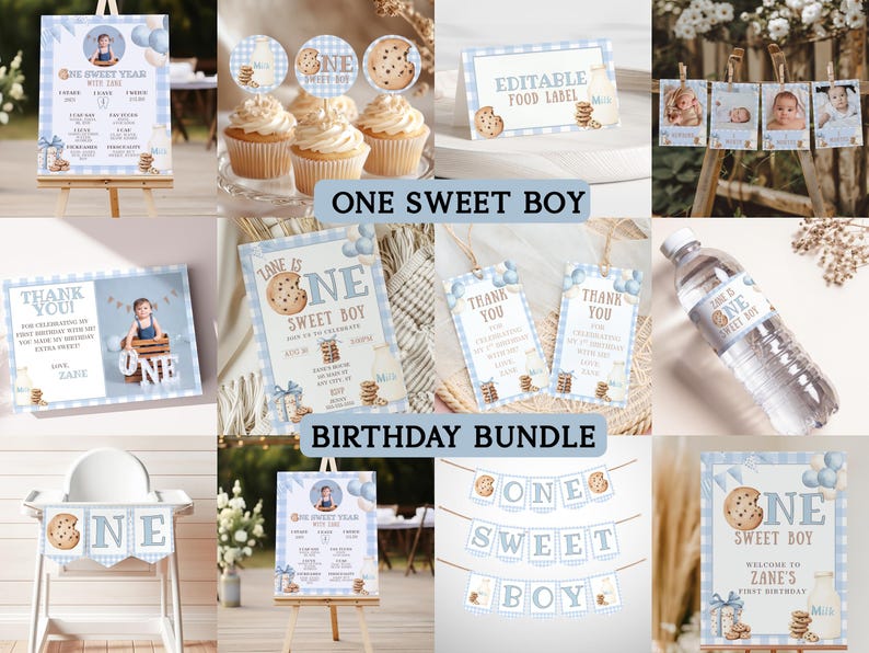 May include: A collection of blue and white themed birthday party decorations. Includes invitations, cupcake toppers, food labels, thank you cards, a high chair banner, and a banner that says "One Sweet Boy". The theme includes cookies and milk.