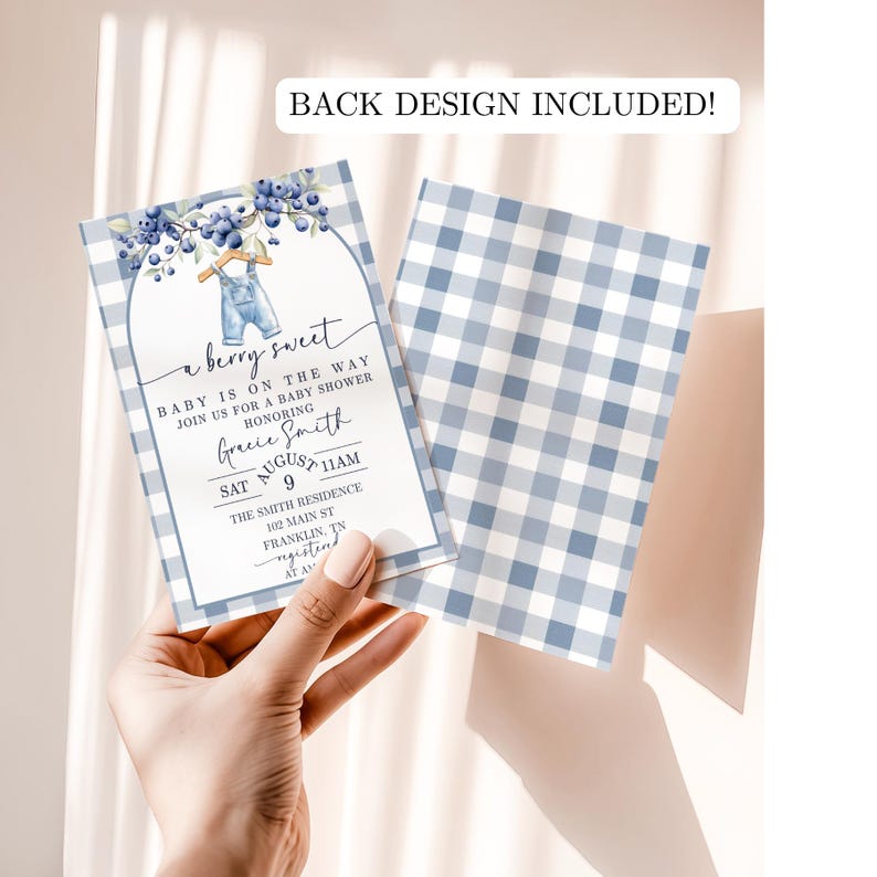 May include: Baby shower invitation with a blue and white gingham pattern. The invitation features the text "a berry sweet" and details for Gracie Smith's baby shower, including the date, time, and location. The back design is included.