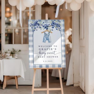May include: A baby shower sign on a wooden easel. The sign has a blue and white gingham border and features the text "Welcome to Gracie's berry sweet baby shower" with a watercolor illustration of blueberries and overalls. White balloons are in the background.