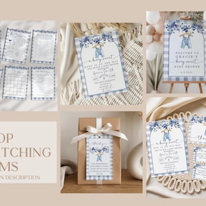 Puede incluir: Un conjunto de papeler&iacute;a para baby shower con tem&aacute;tica de ar&aacute;ndanos. Los art&iacute;culos incluyen invitaciones, tarjetas de juego, un letrero de bienvenida y etiquetas de regalo. Los dise&ntilde;os presentan patrones de cuadros azules y ilustraciones de petos y ar&aacute;ndanos.