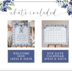 May include: A baby shower invitation set with a blueberry theme. The set includes a welcome sign with the text "Welcome to Gracie's berry sweet baby shower" and a due date calendar. The signs are on easels.