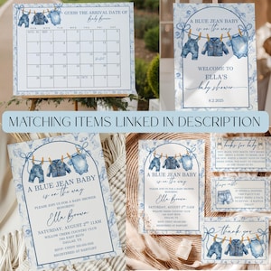 May include: A collection of baby shower stationery with a blue jean theme. Includes a calendar, welcome sign, invitations, and thank you cards. The designs feature illustrations of baby clothes hanging on a clothesline, with the text "A Blue Jean Baby is on the way."