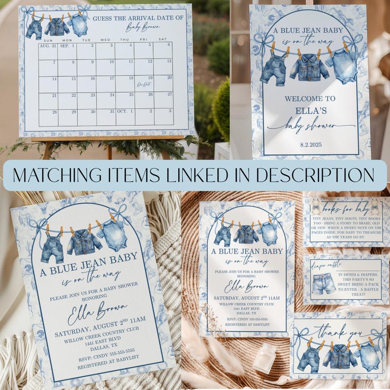 May include: A collection of baby shower stationery with a blue jean theme. Includes a calendar, welcome sign, invitations, and thank you cards. The designs feature illustrations of baby clothes hanging on a clothesline, with the text "A Blue Jean Baby is on the way."