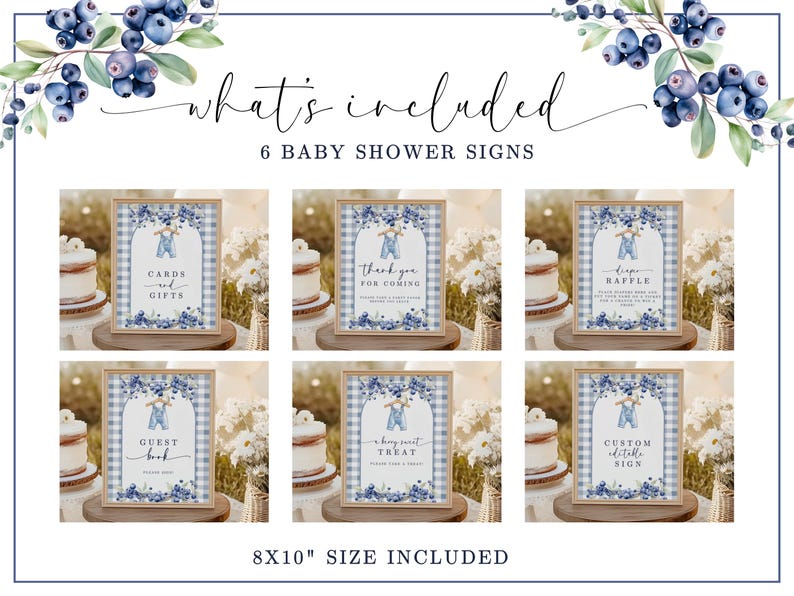 May include: A set of six baby shower signs with a blueberry and gingham theme. The signs include text such as "Cards & Gifts", "Thank You For Coming", and "Diaper Raffle". The signs are 8x10 inches in size.