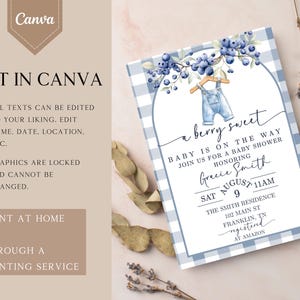 May include: A baby shower invitation with a blue and white gingham pattern. The invitation features the text "a berry sweet" and details for Gracie Smith's baby shower, including the date, time, and location. The design includes blueberry illustrations.