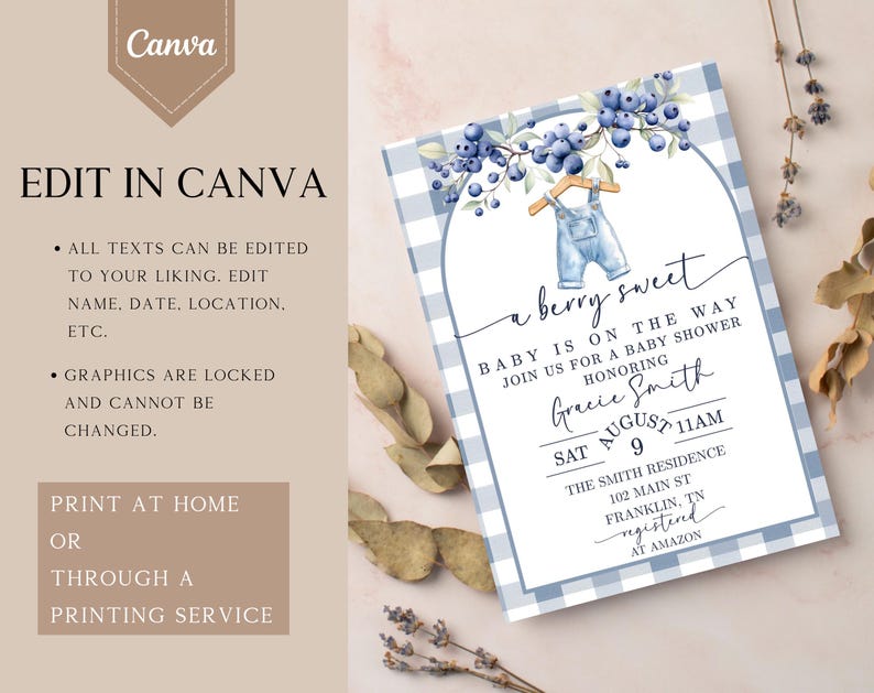 May include: A baby shower invitation with a blue and white gingham pattern. The invitation features the text "a berry sweet" and details for Gracie Smith's baby shower, including the date, time, and location. The design includes blueberry illustrations.