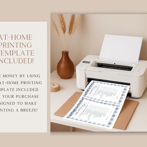 May include: A white printer with a sheet of paper in the tray is printing two sheets of paper with a blue and white gingham border. The text on the paper reads "THE PRICE IS RIGHT". The image also includes text that says "AT-HOME PRINTING TEMPLATE INCLUDED!"