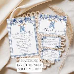 May include: A baby shower invitation suite with a blueberry theme. The invitation features a blue gingham border and text that reads "a berry sweet." Additional cards include "thank you" and diaper raffle details. The suite is a matching invite bundle.