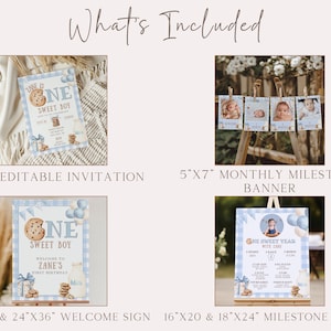 May include: A collection of party decorations with a blue and white theme, including an invitation, a monthly milestone banner, a welcome sign, and a milestone poster. The designs feature a cookie and milk motif, with text that reads "ONE SWEET BOY".