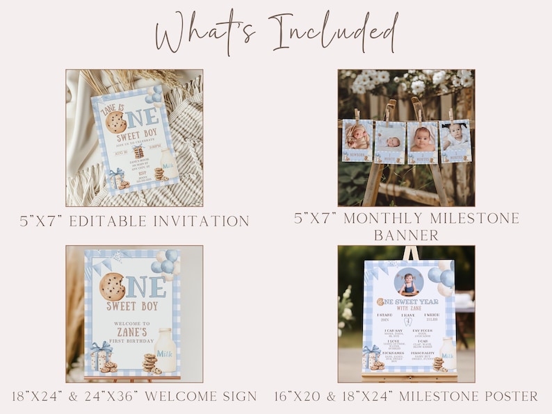 May include: A collection of party decorations with a blue and white theme, including an invitation, a monthly milestone banner, a welcome sign, and a milestone poster. The designs feature a cookie and milk motif, with text that reads "ONE SWEET BOY".