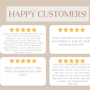 May include: A beige graphic with the text "HAPPY CUSTOMERS!" and four customer reviews with five-star ratings. The reviews mention birthday templates, baby shower invites, and digital files.