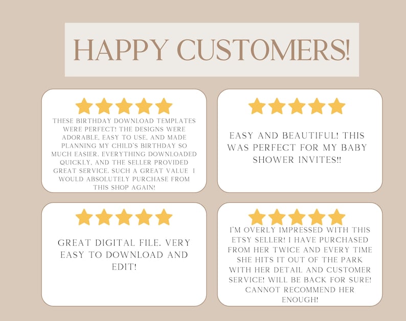 May include: A beige graphic with the text "HAPPY CUSTOMERS!" and four customer reviews with five-star ratings. The reviews mention birthday templates, baby shower invites, and digital files.