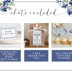 May include: An image showcasing party supplies with a blueberry theme. Included are food labels, thank you tags, and cupcake toppers. The food label is a 3.5x4 inch folded tent card. The thank you tag is 3.5x2 inches. The cupcake toppers are 2x2 inch circles.