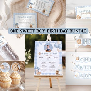May include: A collection of blue and white themed party decorations with a cookie and milk motif. Includes a banner, cupcake toppers, water bottle label, food labels, and a sign that reads "One Sweet Boy Birthday Bundle."