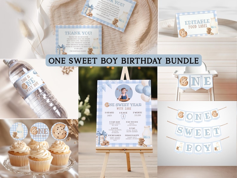 May include: A collection of blue and white themed party decorations with a cookie and milk motif. Includes a banner, cupcake toppers, water bottle label, food labels, and a sign that reads "One Sweet Boy Birthday Bundle."