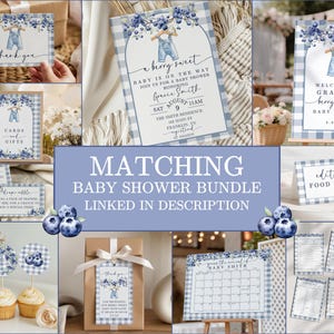 May include: A collection of baby shower stationery with a blueberry theme. The designs include invitations, thank you cards, food labels, and games. The color scheme is blue and white, with gingham patterns and blueberry illustrations.