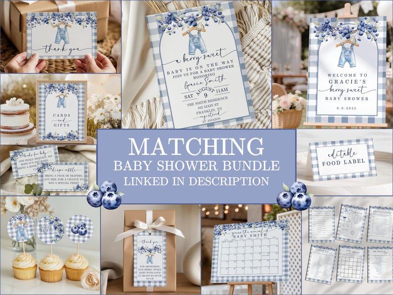 May include: A collection of baby shower stationery with a blueberry theme. The designs include invitations, thank you cards, food labels, and games. The color scheme is blue and white, with gingham patterns and blueberry illustrations.