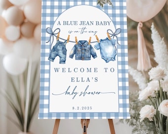 Blue Jean Baby Shower Welcome Sign, Editable Clothesline Baby Shower Sign, Denim Gingham Rustic Baby Shower Decor, Canva Template DIY