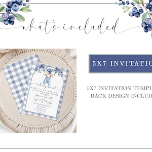 May include: A baby shower invitation template with a blueberry theme. The invitation is 5x7 inches and features a blue and white gingham pattern, with text that reads "a berry sweet" and "Baby is on the way".