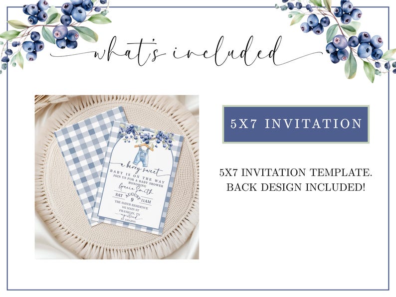 May include: A baby shower invitation template with a blueberry theme. The invitation is 5x7 inches and features a blue and white gingham pattern, with text that reads "a berry sweet" and "Baby is on the way".