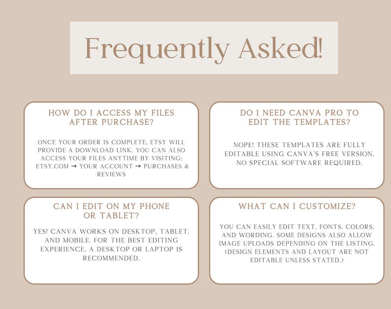 May include: A beige graphic with the text "Frequently Asked!" and four white boxes with text. The boxes answer questions about accessing files, editing templates, mobile editing, and customization options.