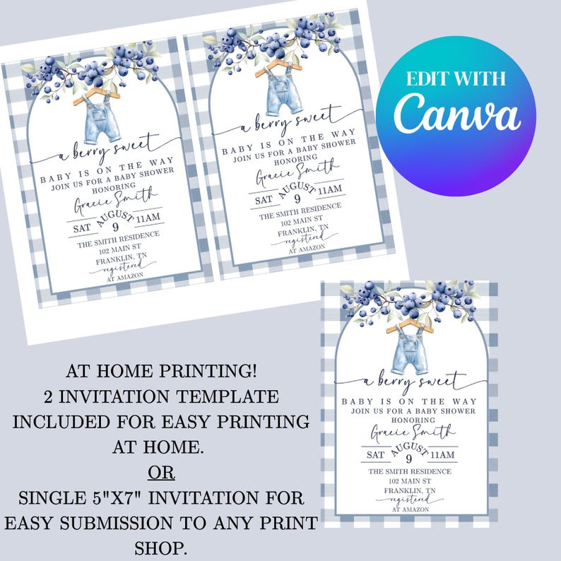 May include: Baby shower invitations with a blueberry theme. The design features a watercolor illustration of blueberries and denim overalls on a hanger. The text reads "a berry sweet" and includes event details.