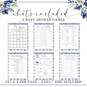 May include: A set of six baby shower games with a blue and white gingham border. The games include Bingo, Mommy or Daddy, Guess the Baby Animal, The Price is Right, Baby, and a word search. The text "What's Included" is at the top.