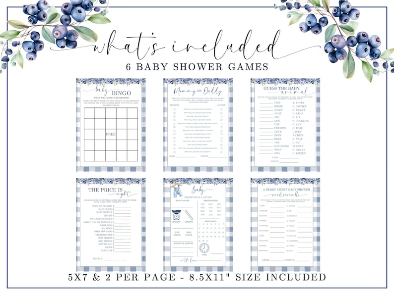 May include: A set of six baby shower games with a blue and white gingham border. The games include Bingo, Mommy or Daddy, Guess the Baby Animal, The Price is Right, Baby, and a word search. The text "What's Included" is at the top.