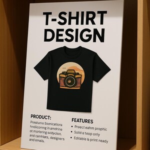 Könnte beinhalten: Ein schwarzes T-Shirt-Design mit einer Comic-Kamera vor einem Sonnenuntergangs-Hintergrund. Der Text "T-SHIRT DESIGN" befindet sich oben im Bild. Der Text "PRODUCT: Prestunte Ssenicationa hndiicornng in amdrine ot moriering svidycion, and camhlets, designers and emails." befindet sich unter dem Bild. Der Text "FEATURES • Praect eahm prophic • Solid a teop only • Editable & print neady" befindet sich auf der rechten Seite des Bildes.