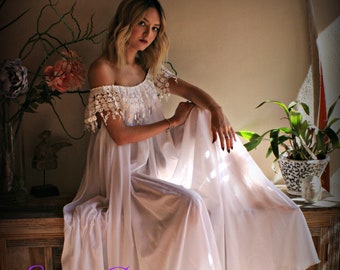 Cotton Nightgown  White Cotton Sleepwear Honeymoon Cotton Lingerie Bridal Lingerie Venice  Lace Nightgown Wedding Nightgown