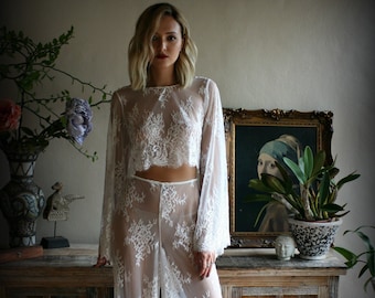 Bridal Lace Cropped Top Pajama Wedding Sleepwear Bridal Lingerie Off White Lace Lingerie Lace Lingerie Honeymoon Lingerie