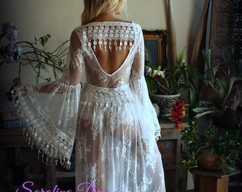 Bridal Lace Backless Robe With Panties Wedding Sleepwear Bridal Lingerie  Off White Lace Lingerie Lace Lingerie Honeymoon Lingerie